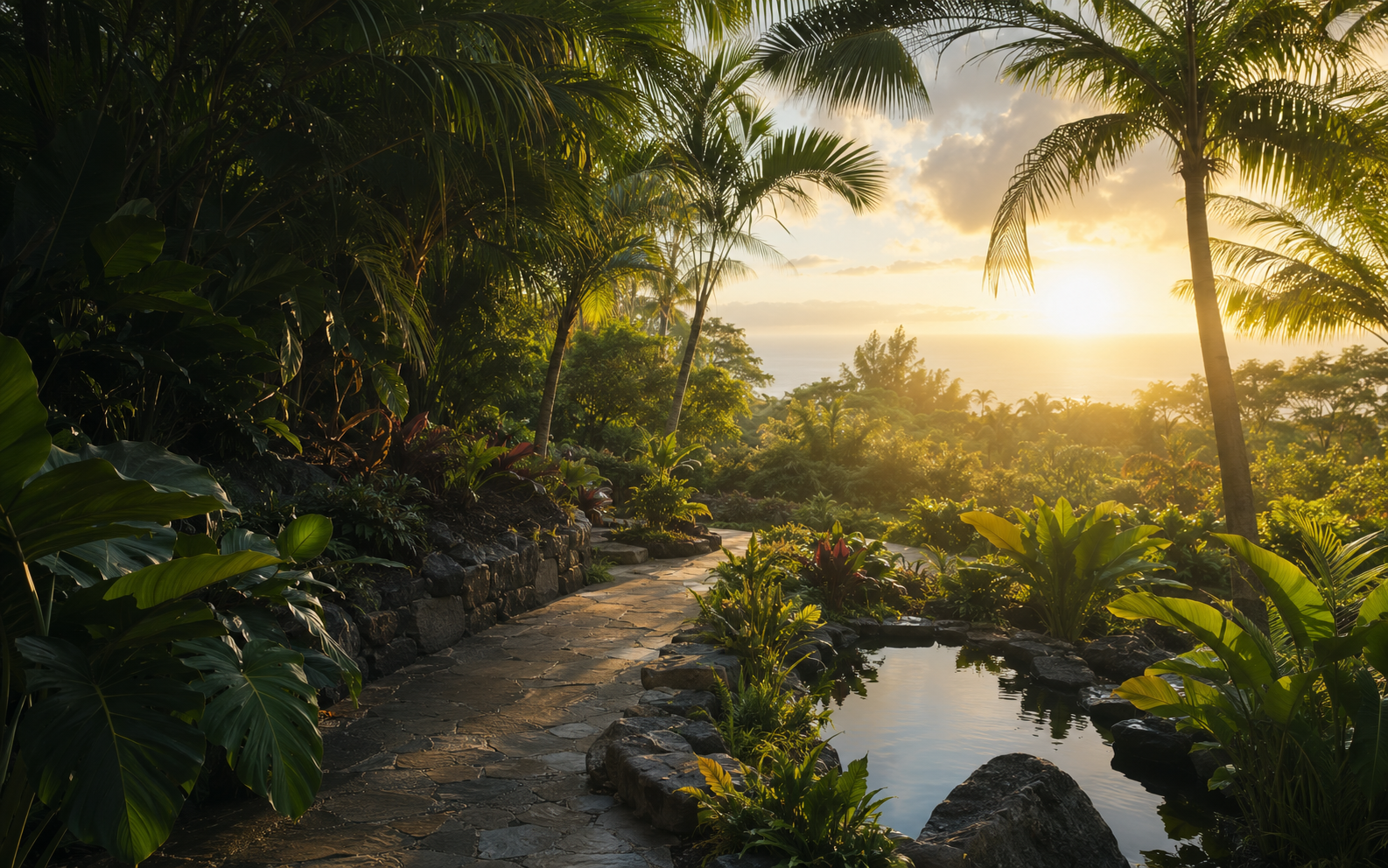 A lush tropical garden path beside a reflective pond at sunrise